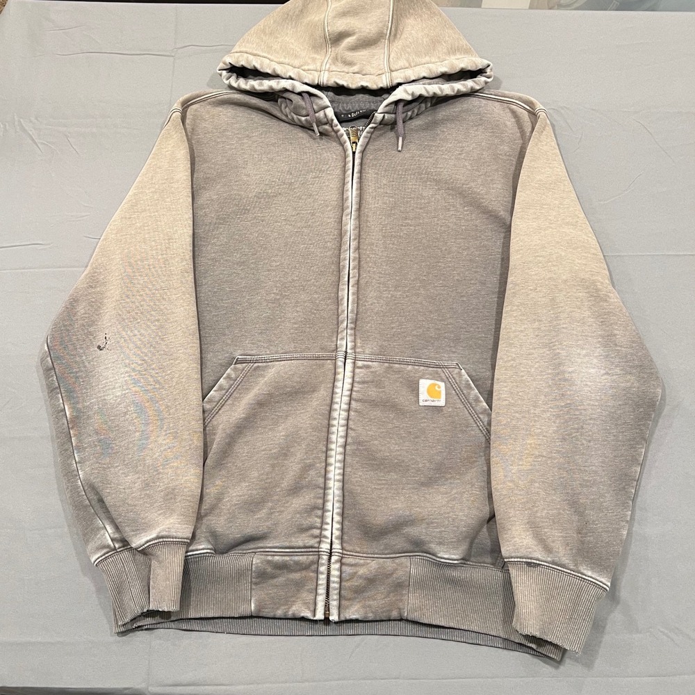 Carhartt Loose Fit Full Zip Hoodie Faded Sun Bleached Distressed Grey Mens L